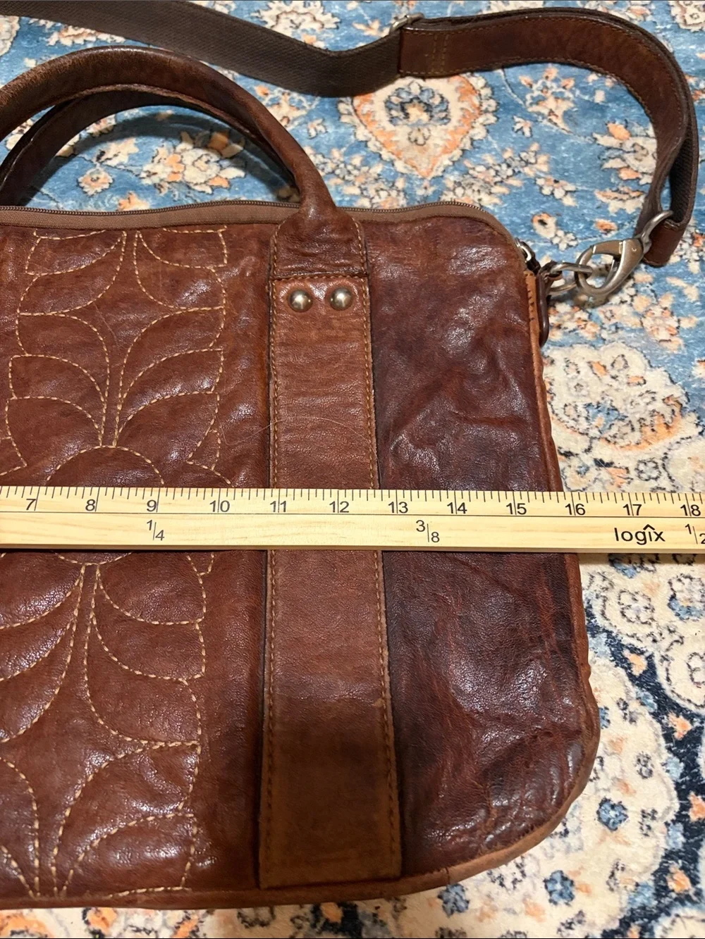 Fossil Brown Leather Laptop Messenger with Floral Stitching